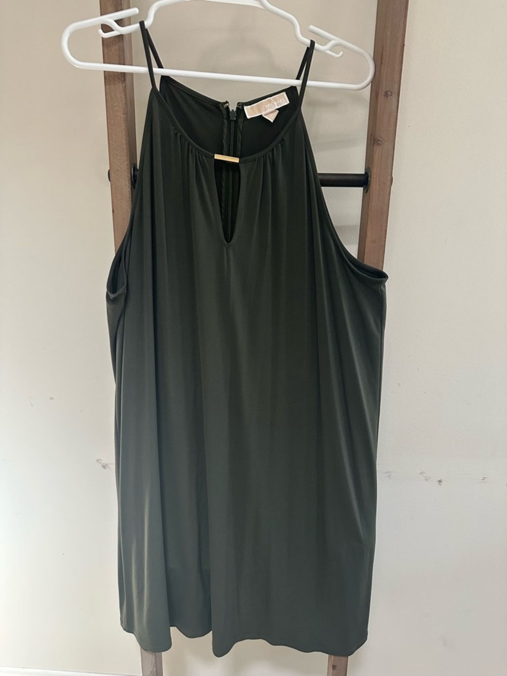 Michael Kors Olive Green Halter Dress with Gold Accent